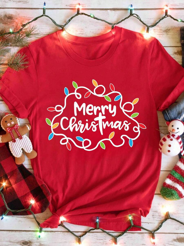 Festlig Jultröja | Röd T-shirt med Julbelysningar för Glädje och Komfort 0