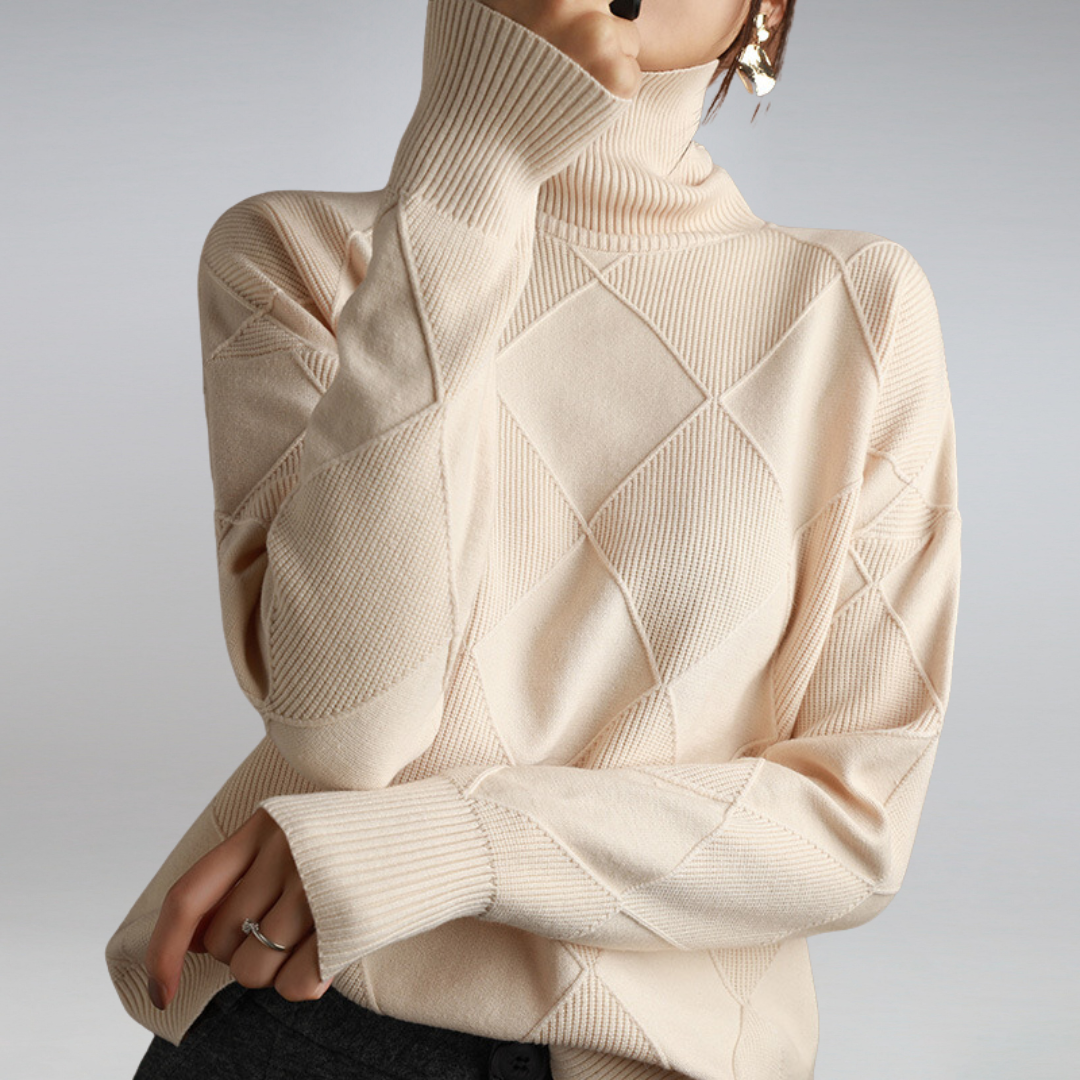 Geometrisk Stickad Polotröja Dam med Hög Halsringning | Elegant Design för Höst och Vinter 0
