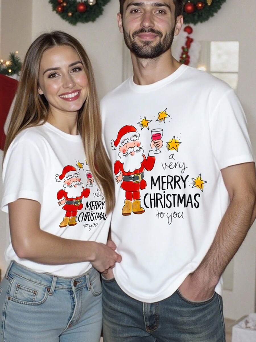 Jul T-shirt Set för Par | Humoristisk Tomte Design med Mjuk Bomullsblandning | Perfekt för Festliga Tillfällen 1