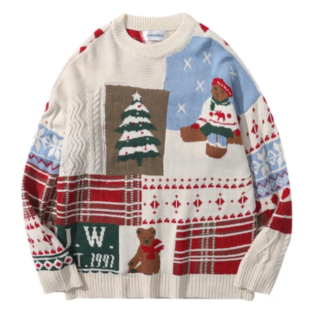 Julkollektion | Stickad Tröja Dam med Unikt Patchwork Mönster | Bekväm Loose Fit för Mysiga Högtider 0