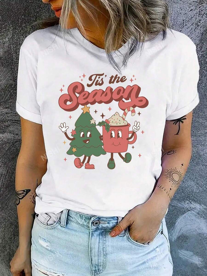 Julstämning | Vit T-shirt för Kvinnor med Retrografik | Lätt och Mjuk för Bekväm Julfest 0