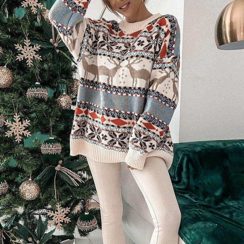 Jultröja | Oversize Stickad Tröja med Renmönster | Mysig och Varm för Festliga Tillfällen 0