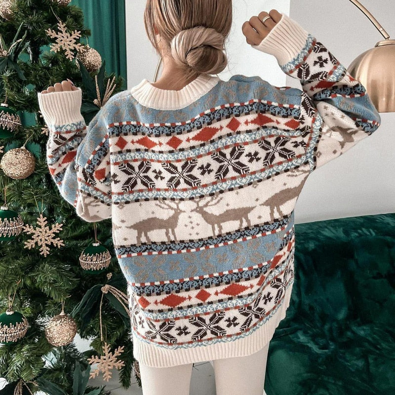 Jultröja | Oversize Stickad Tröja med Renmönster | Mysig och Varm för Festliga Tillfällen 2