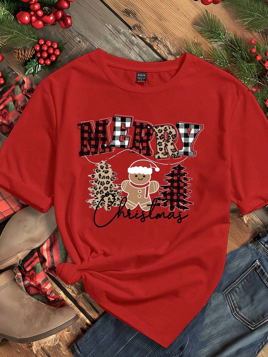 Jultröja för Damer | Jul-T-shirt med Pepparkaksgubbe &amp; Rutigt Mönster | Bekväm och Söt för Festligheter 0
