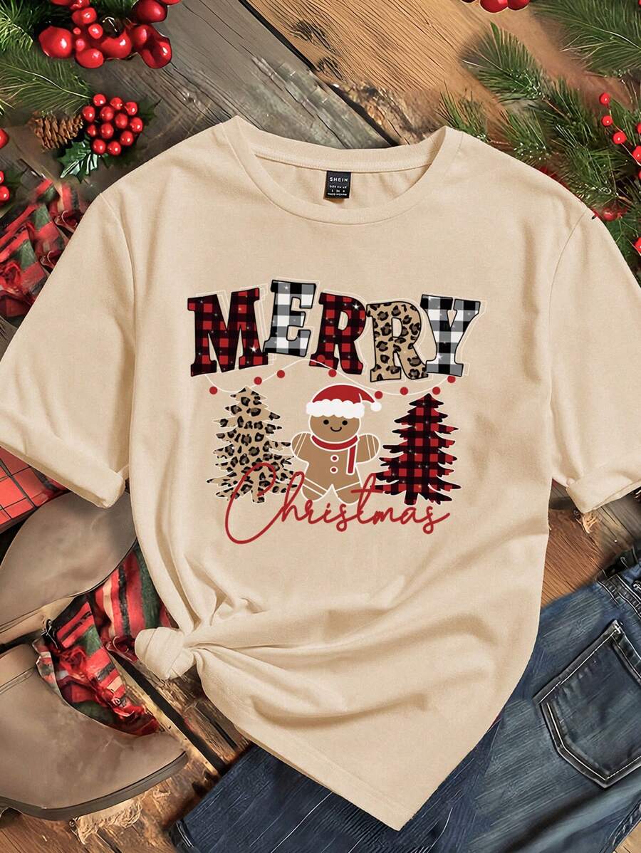 Jultröja för Damer | Jul-T-shirt med Pepparkaksgubbe &amp; Rutigt Mönster | Bekväm och Söt för Festligheter 2