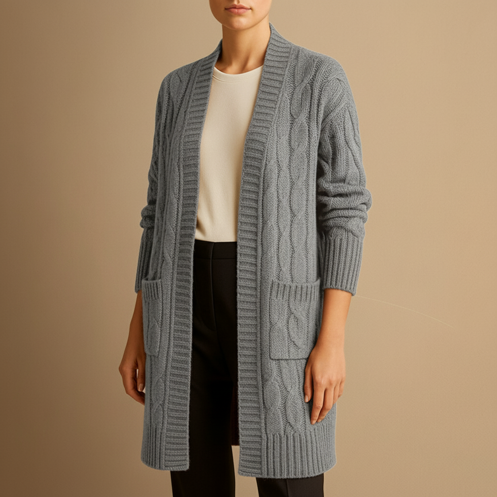 Kabelstickad Lång Cardigan för Kvinnor med Öppen Front och Fickor | Tidlös Design för Avslappnad Elegans 0