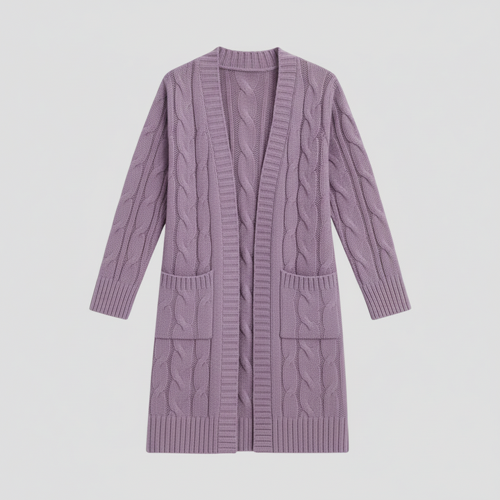 Kabelstickad Lång Cardigan för Kvinnor med Öppen Front och Fickor | Tidlös Design för Avslappnad Elegans 1