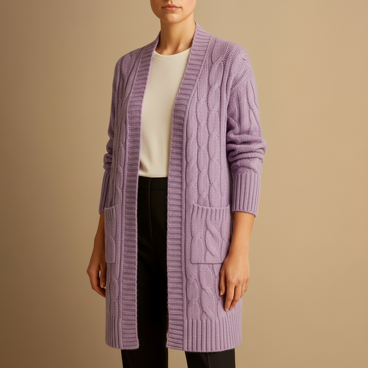 Kabelstickad Lång Cardigan för Kvinnor med Öppen Front och Fickor | Tidlös Design för Avslappnad Elegans 2