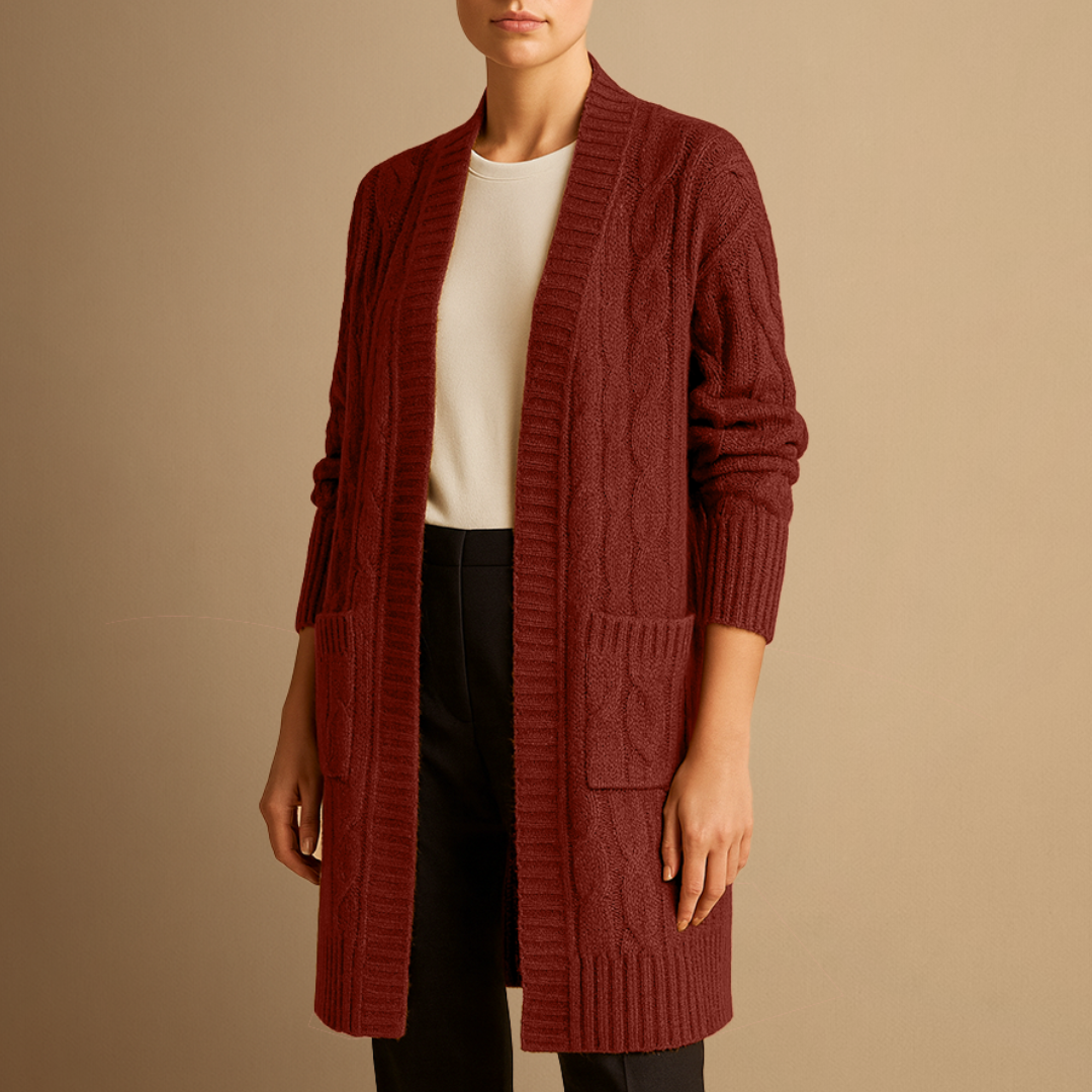 Kabelstickad Lång Cardigan för Kvinnor med Öppen Front och Fickor | Tidlös Design för Avslappnad Elegans 3