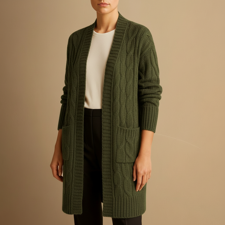Kabelstickad Lång Cardigan för Kvinnor med Öppen Front och Fickor | Tidlös Design för Avslappnad Elegans 4