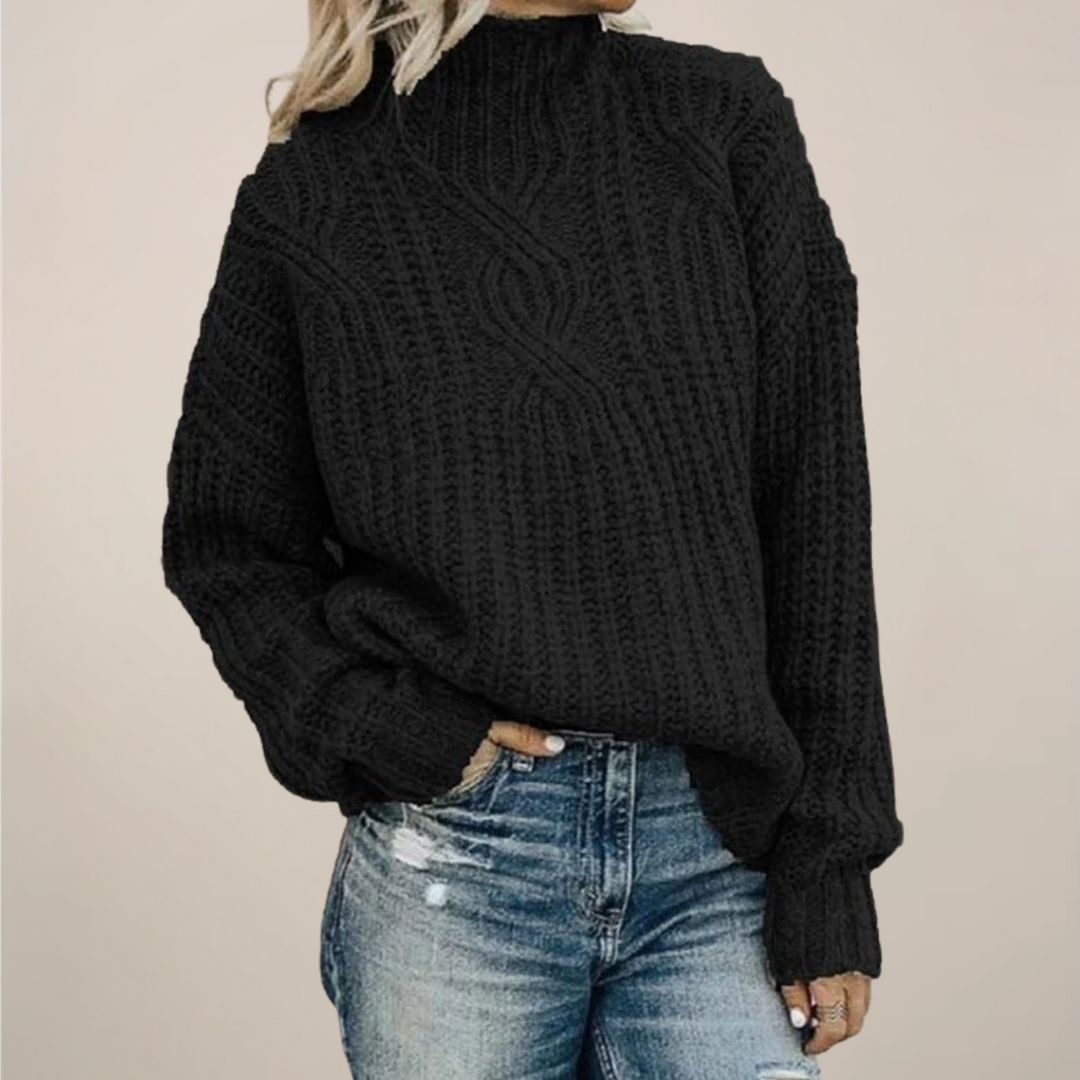 Kabelstickad Tröja | Svart Mock Neck med Chunky Design | Avslappnad Passform för Höst och Vinter 0