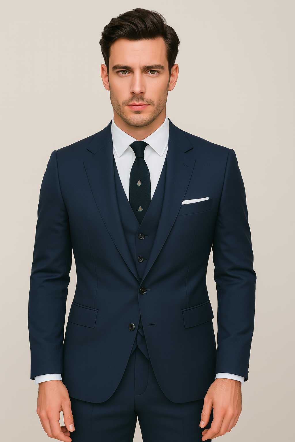 Klassisk Marinblå Kostym Herr med Skräddarsydd Kavaj & Väst | Perfekt för Business Casual 0