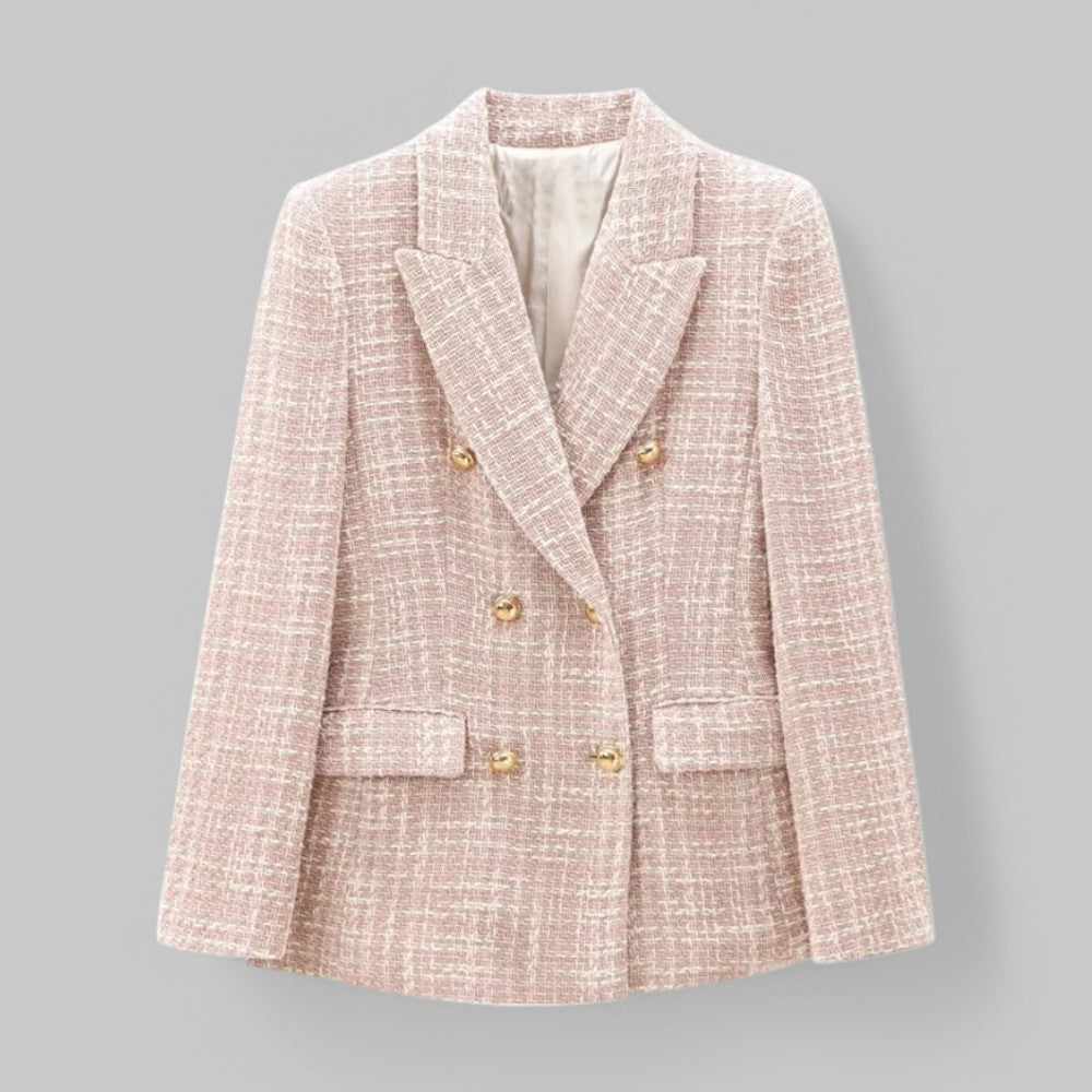 Klassisk Rosa Tweedblazer för Kvinnor med Dubbelknäppt Design | Elegant och Skräddarsydd för Mångsidiga Tillfällen 0