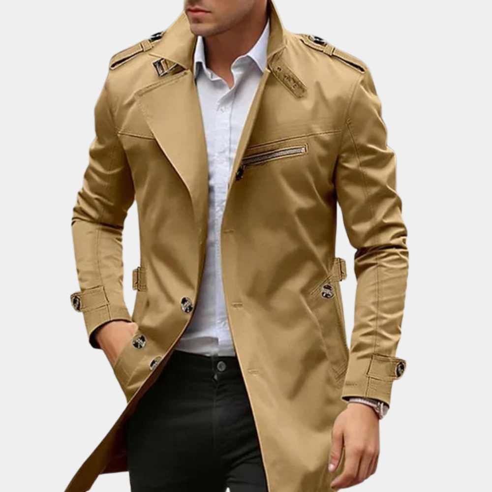 Klassisk Trenchcoat för Män med Vattentätt Tyg och Många Fickor | Tidlös Elegans för Skydd och Stil 1