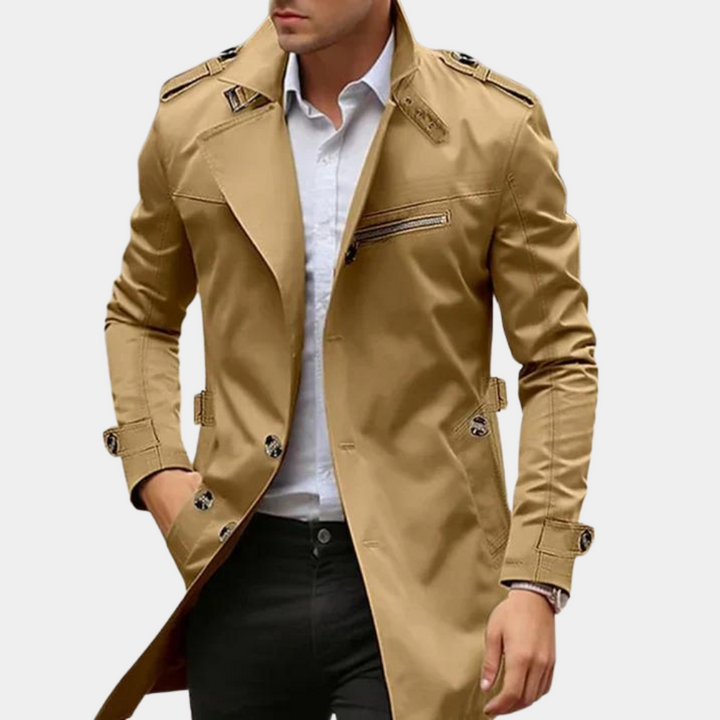 Klassisk Trenchcoat för Män med Vattentätt Tyg och Många Fickor | Tidlös Elegans för Skydd och Stil 1