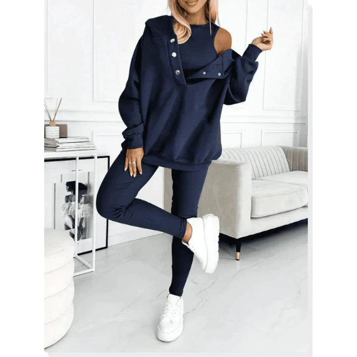 Kvinnors 3-delat Set | Mjuk Hoodie, Topp &amp; Leggings med Justerbar Passform | Perfekt för Avkoppling och Träning 3