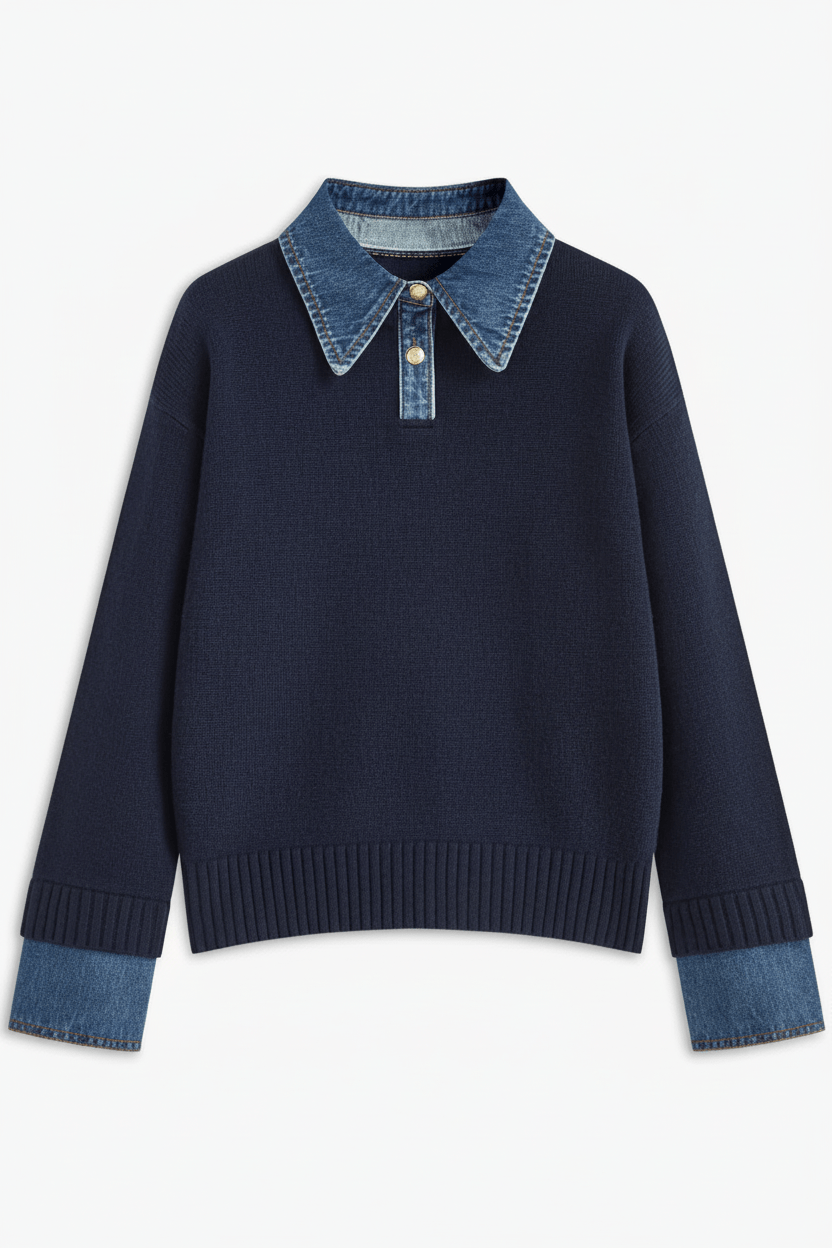 Kvinnors Avslappnad Stickad Tröja med Jeanskrage och Muddar | Modern Design för Vardagskomfort 8