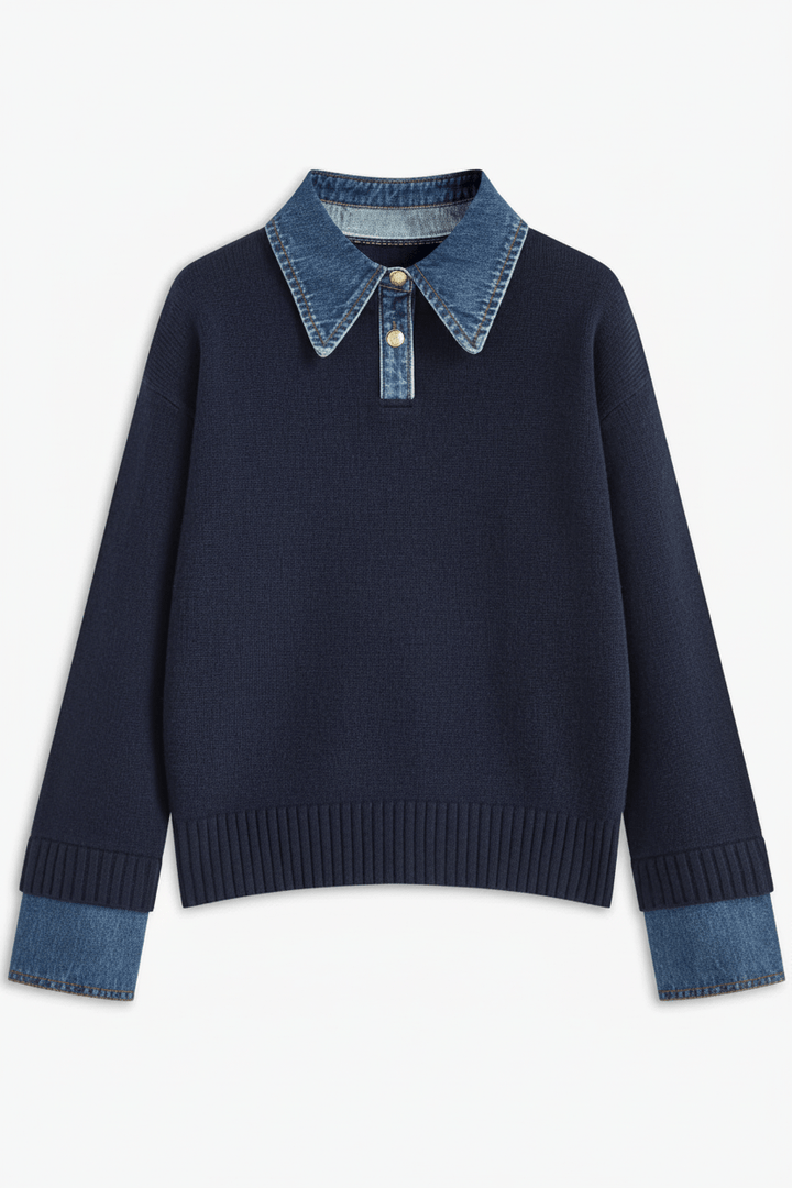 Kvinnors Avslappnad Stickad Tröja med Jeanskrage och Muddar | Modern Design för Vardagskomfort 8
