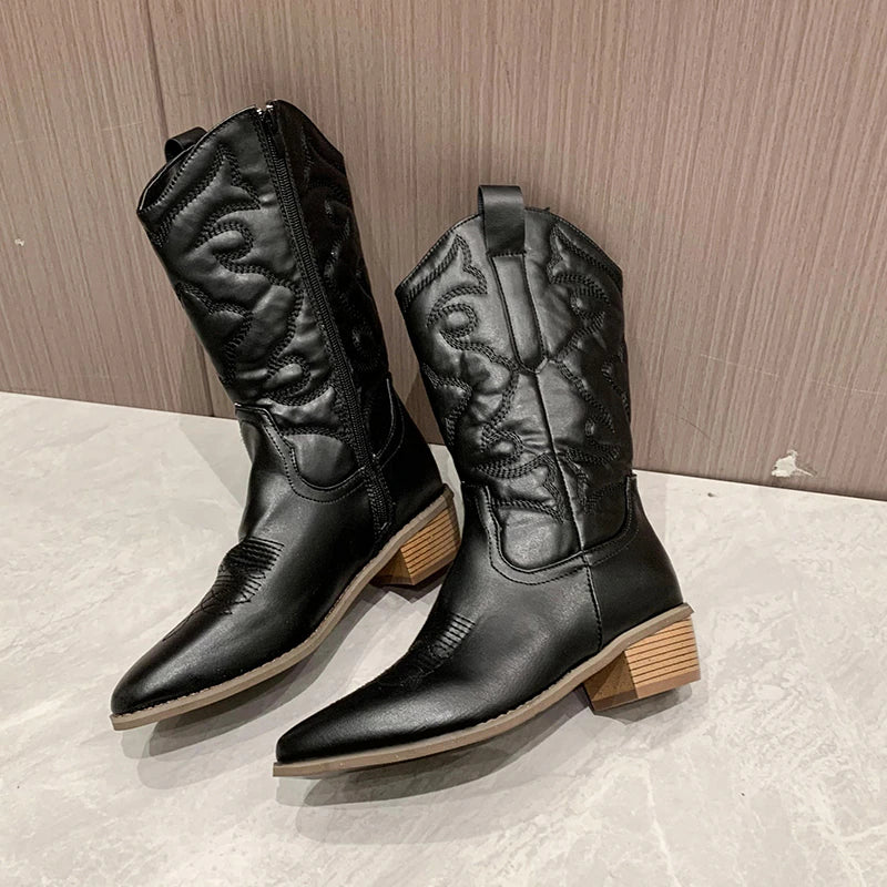 Kvinnors Cowboystövlar | Metallic Mid-Calf Design med Sidodragkedja | Stilfull och Bekväm för Alla Tillfällen 1