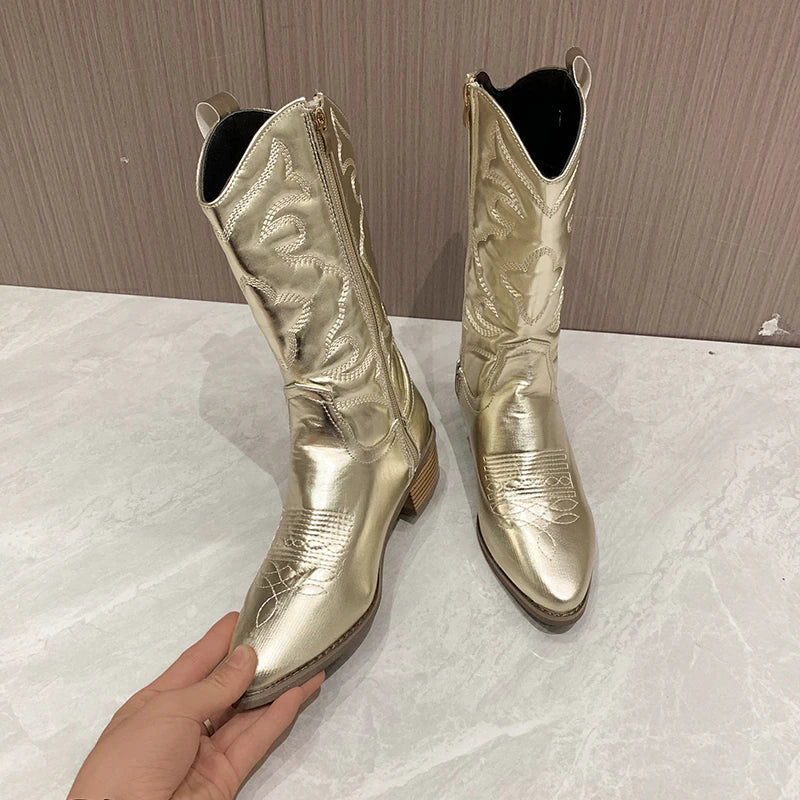 Kvinnors Cowboystövlar | Metallic Mid-Calf Design med Sidodragkedja | Stilfull och Bekväm för Alla Tillfällen 3