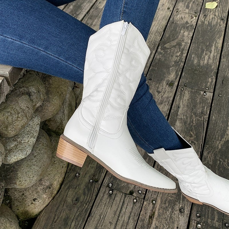 Kvinnors Cowboystövlar | Metallic Mid-Calf Design med Sidodragkedja | Stilfull och Bekväm för Alla Tillfällen 5