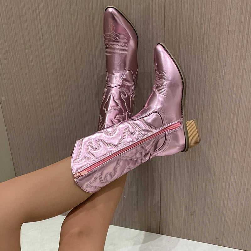 Kvinnors Cowboystövlar | Metallic Mid-Calf Design med Sidodragkedja | Stilfull och Bekväm för Alla Tillfällen 8
