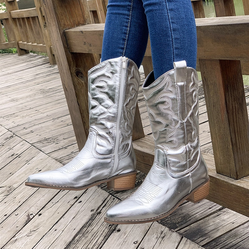 Kvinnors Cowboystövlar | Metallic Mid-Calf Design med Sidodragkedja | Stilfull och Bekväm för Alla Tillfällen 9