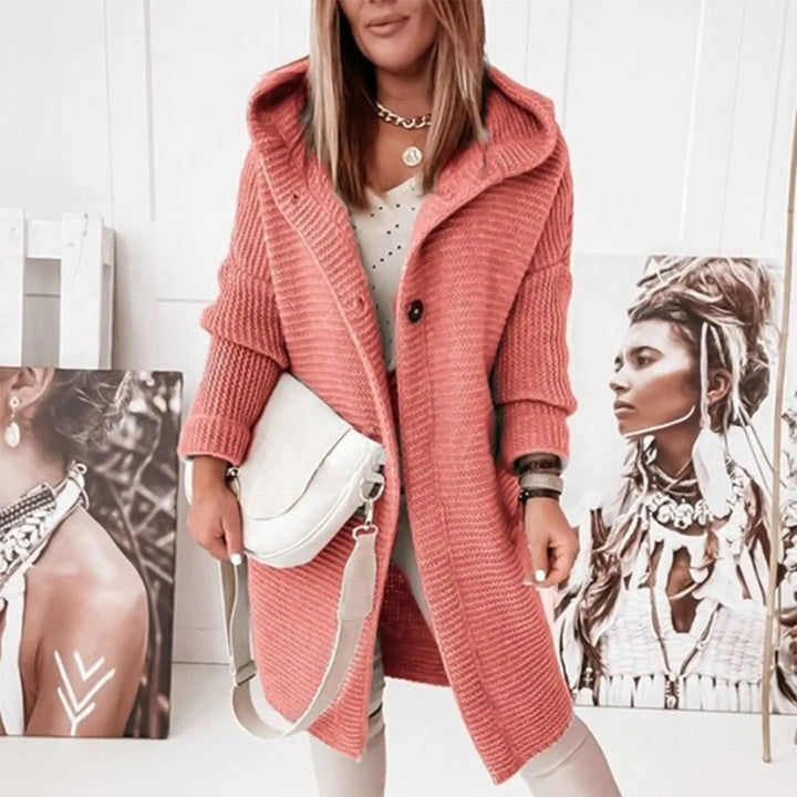 Lång Kofta | Rosa Stickad Kofta med Integrerad Huva | Bekväm Design för Avslappnad Stil 0