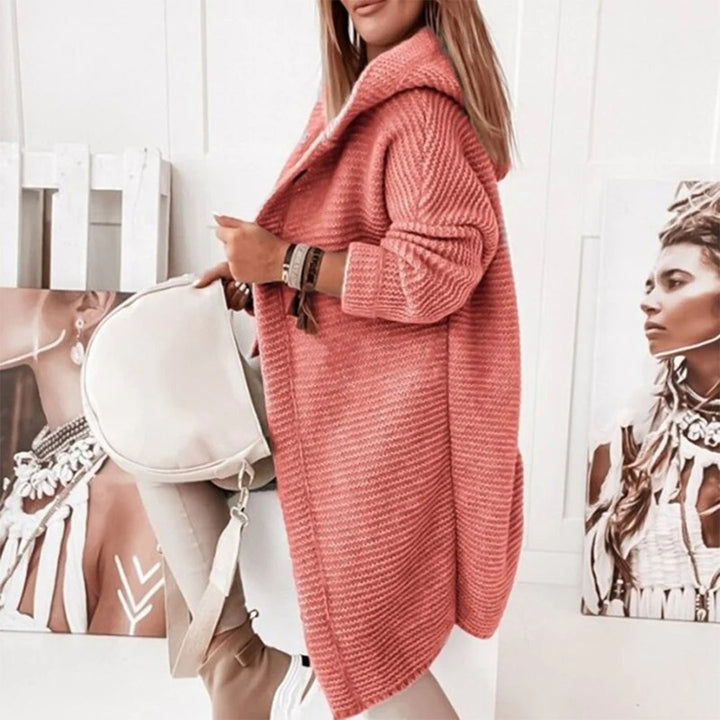 Lång Kofta | Rosa Stickad Kofta med Integrerad Huva | Bekväm Design för Avslappnad Stil 6