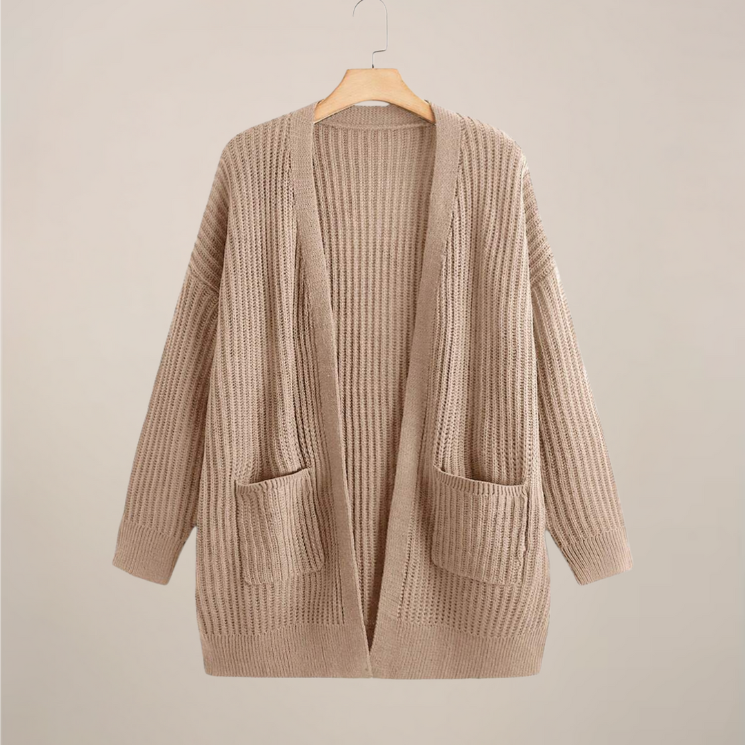 Lång Kofta | Stickad Öppen Cardigan med Ribbade Detaljer | Mångsidig Layering för Komfort 0
