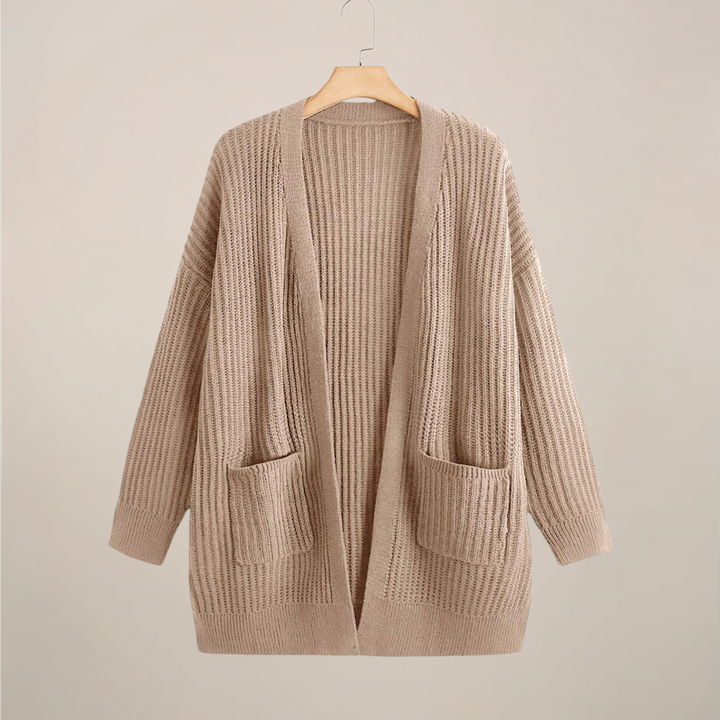 Lång Kofta | Stickad Öppen Cardigan med Ribbade Detaljer | Mångsidig Layering för Komfort 0