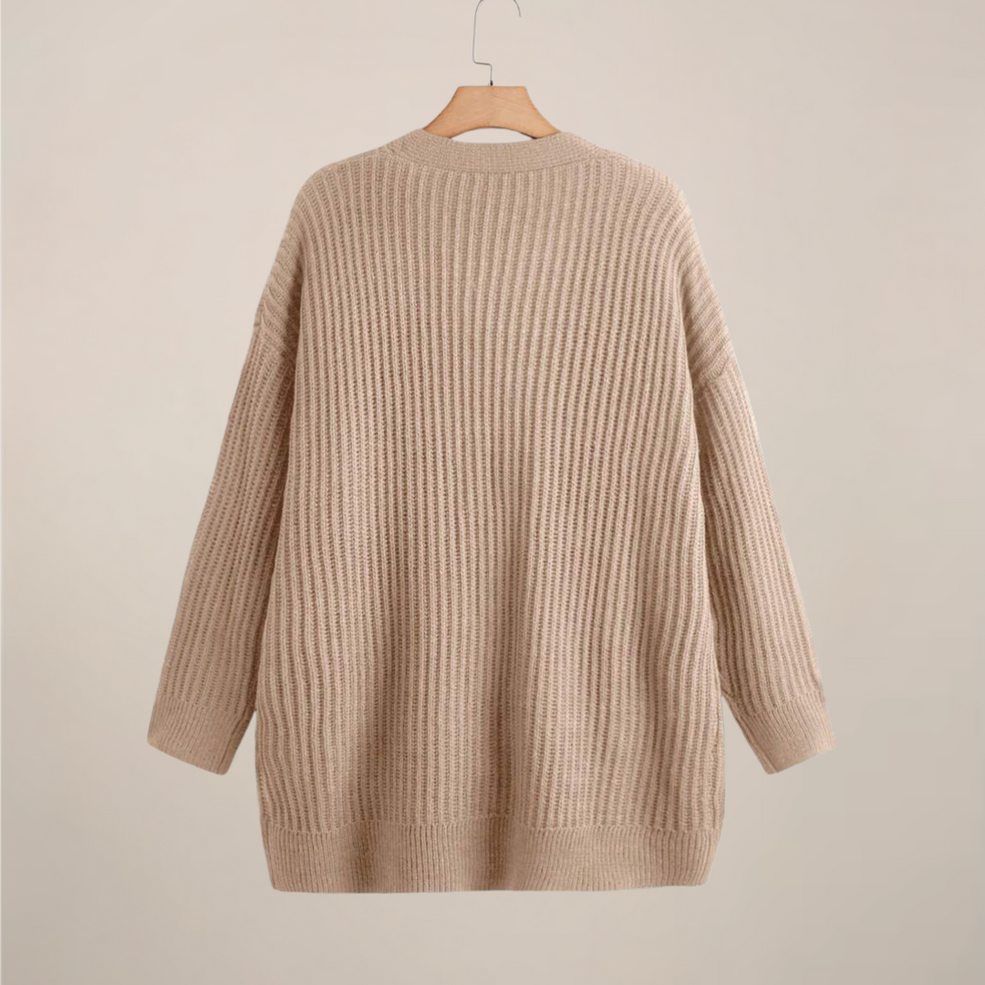 Lång Kofta | Stickad Öppen Cardigan med Ribbade Detaljer | Mångsidig Layering för Komfort 1