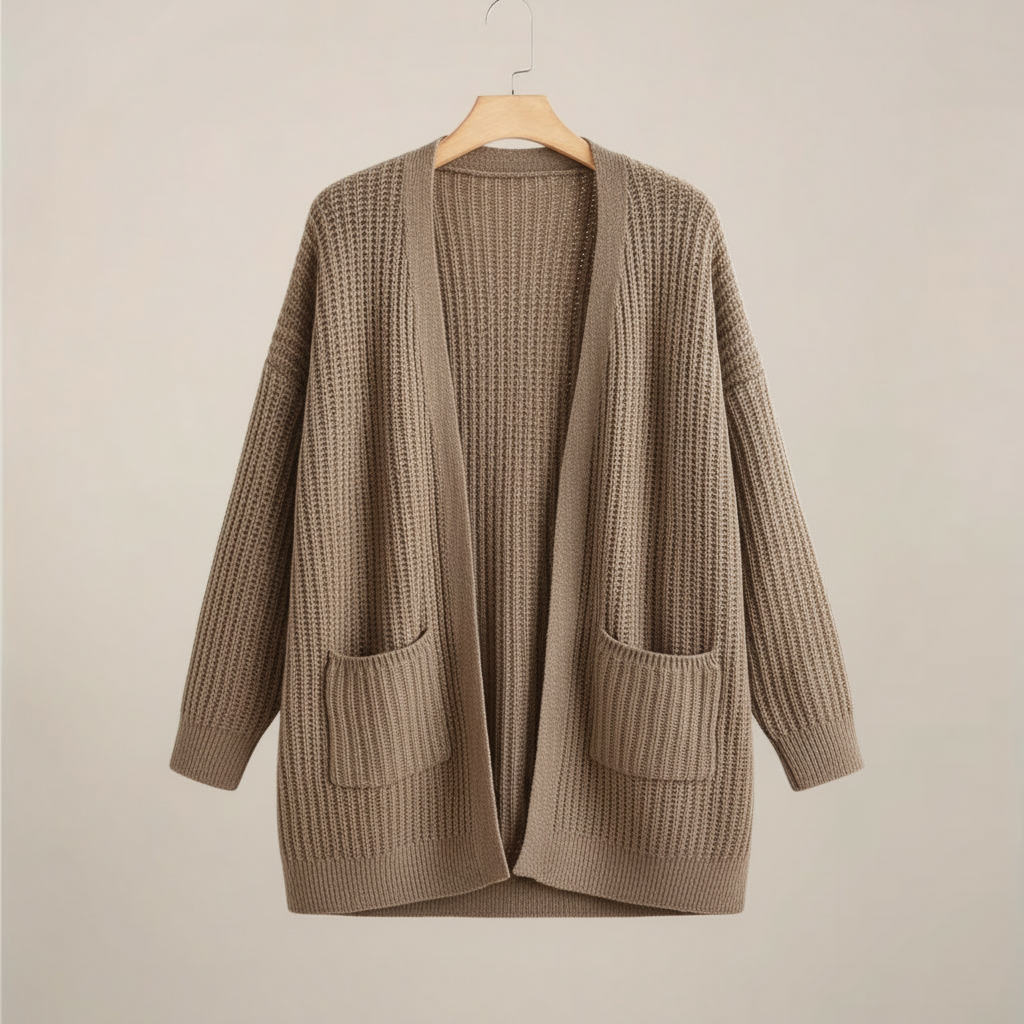Lång Kofta | Stickad Öppen Cardigan med Ribbade Detaljer | Mångsidig Layering för Komfort 3
