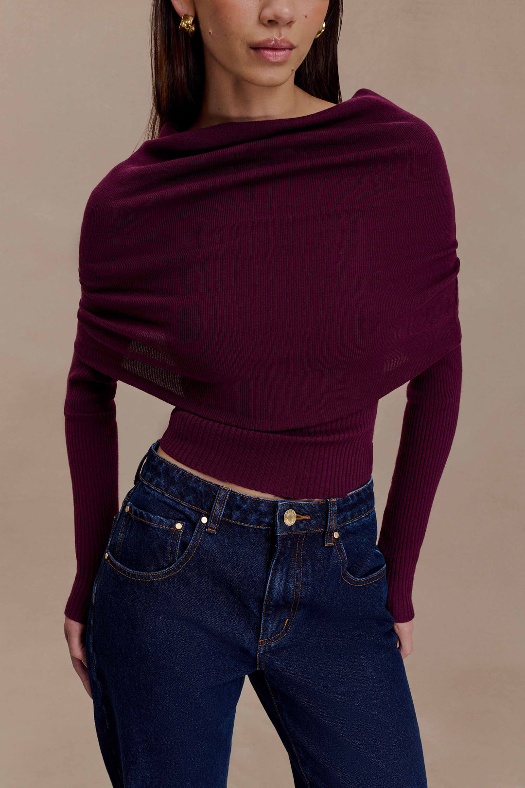 Liam | Elegant Asymmetrical Off-Shoulder Long Sleeve Top in Bordeaux 0