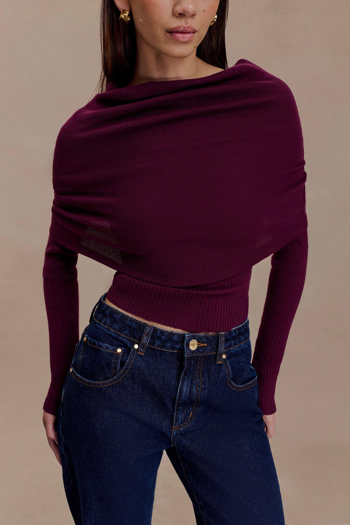 Liam | Elegant Asymmetrical Off-Shoulder Long Sleeve Top in Bordeaux 0