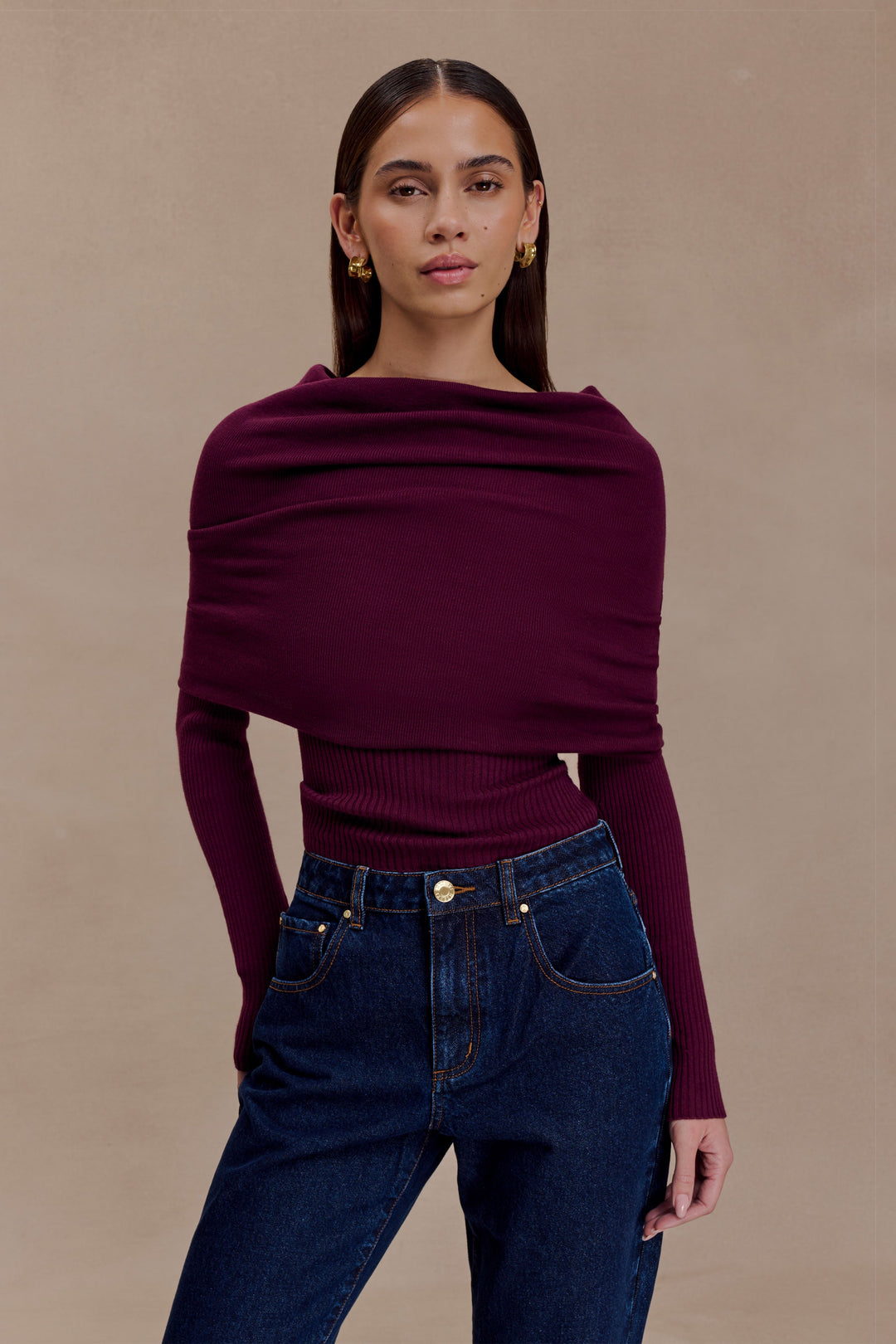 Liam | Elegant Asymmetrical Off-Shoulder Long Sleeve Top in Bordeaux 1