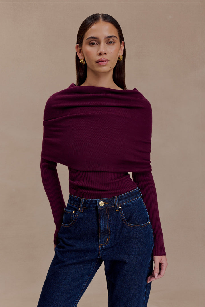 Liam | Elegant Asymmetrical Off-Shoulder Long Sleeve Top in Bordeaux 1