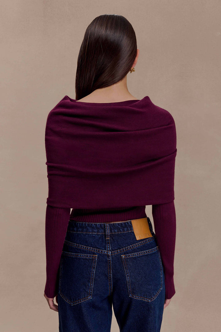 Liam | Elegant Asymmetrical Off-Shoulder Long Sleeve Top in Bordeaux 2
