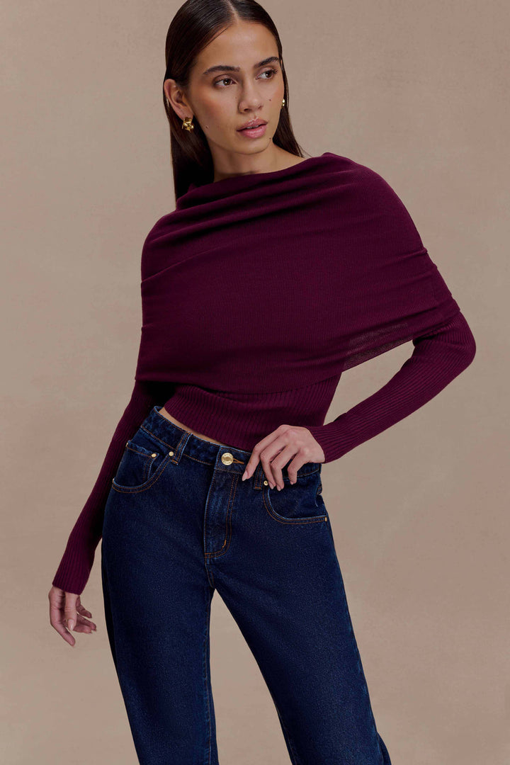 Liam | Elegant Asymmetrical Off-Shoulder Long Sleeve Top in Bordeaux 3