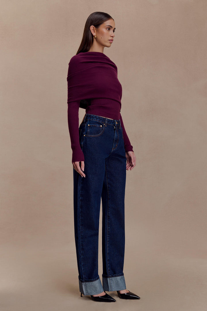 Liam | Elegant Asymmetrical Off-Shoulder Long Sleeve Top in Bordeaux 4