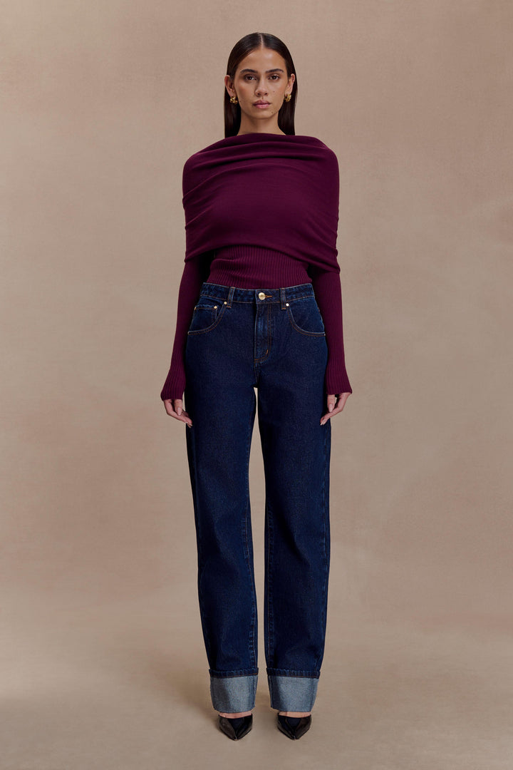 Liam | Elegant Asymmetrical Off-Shoulder Long Sleeve Top in Bordeaux 5