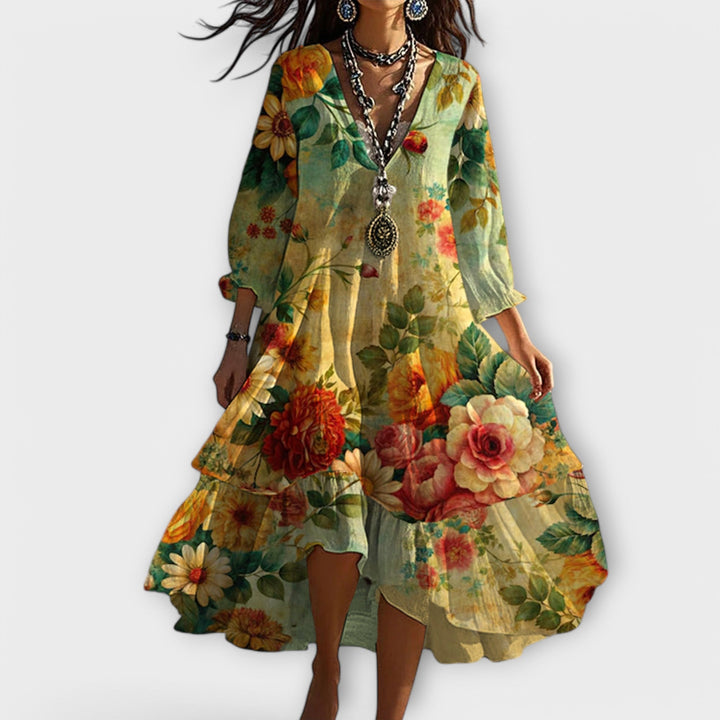Mia | Blommig Boho Midiklänning med Trekvartsärm 0