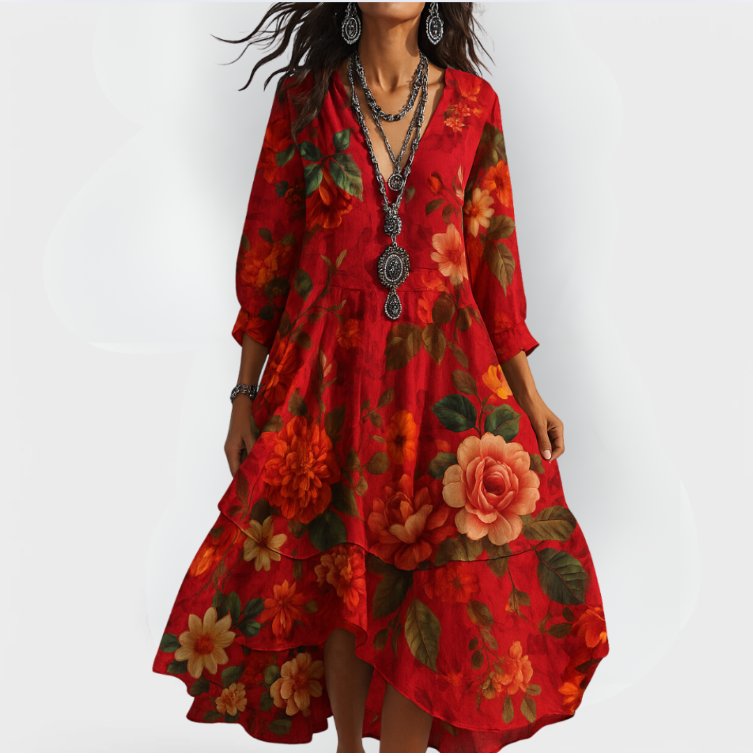 Mia | Blommig Boho Midiklänning med Trekvartsärm 1
