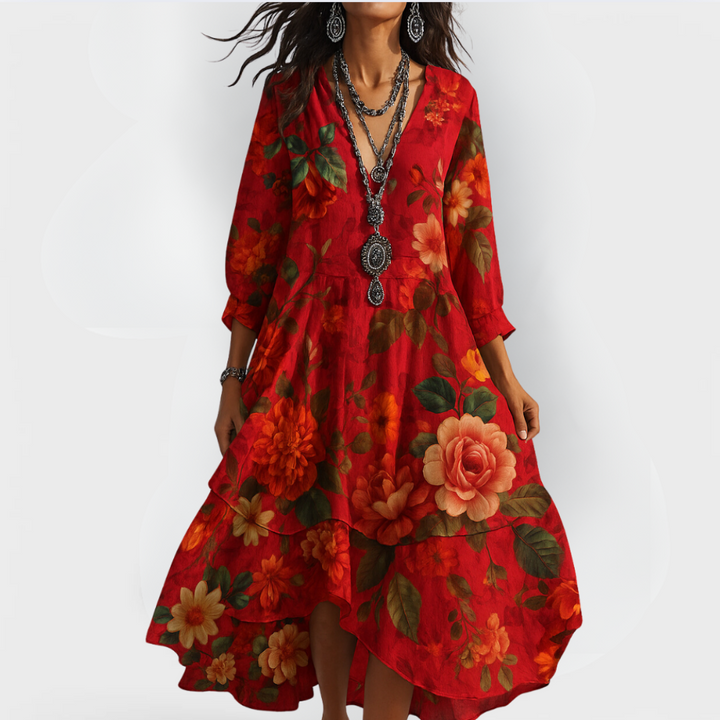 Mia | Blommig Boho Midiklänning med Trekvartsärm 1