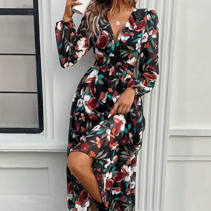 Mia | Elegant Långärmad Klänning med Blommönster för Fest 0