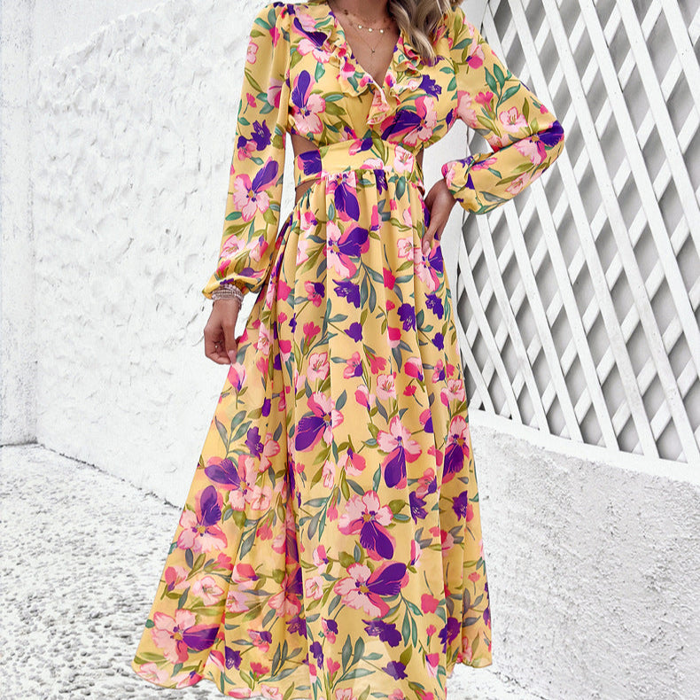 Mia | Elegant Långärmad Klänning med Blommönster för Fest 1