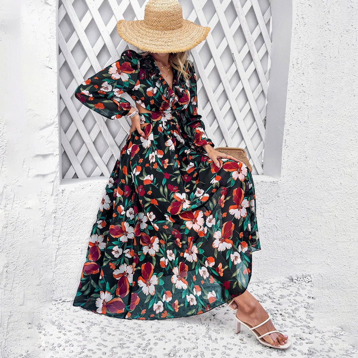 Mia | Elegant Långärmad Klänning med Blommönster för Fest 2