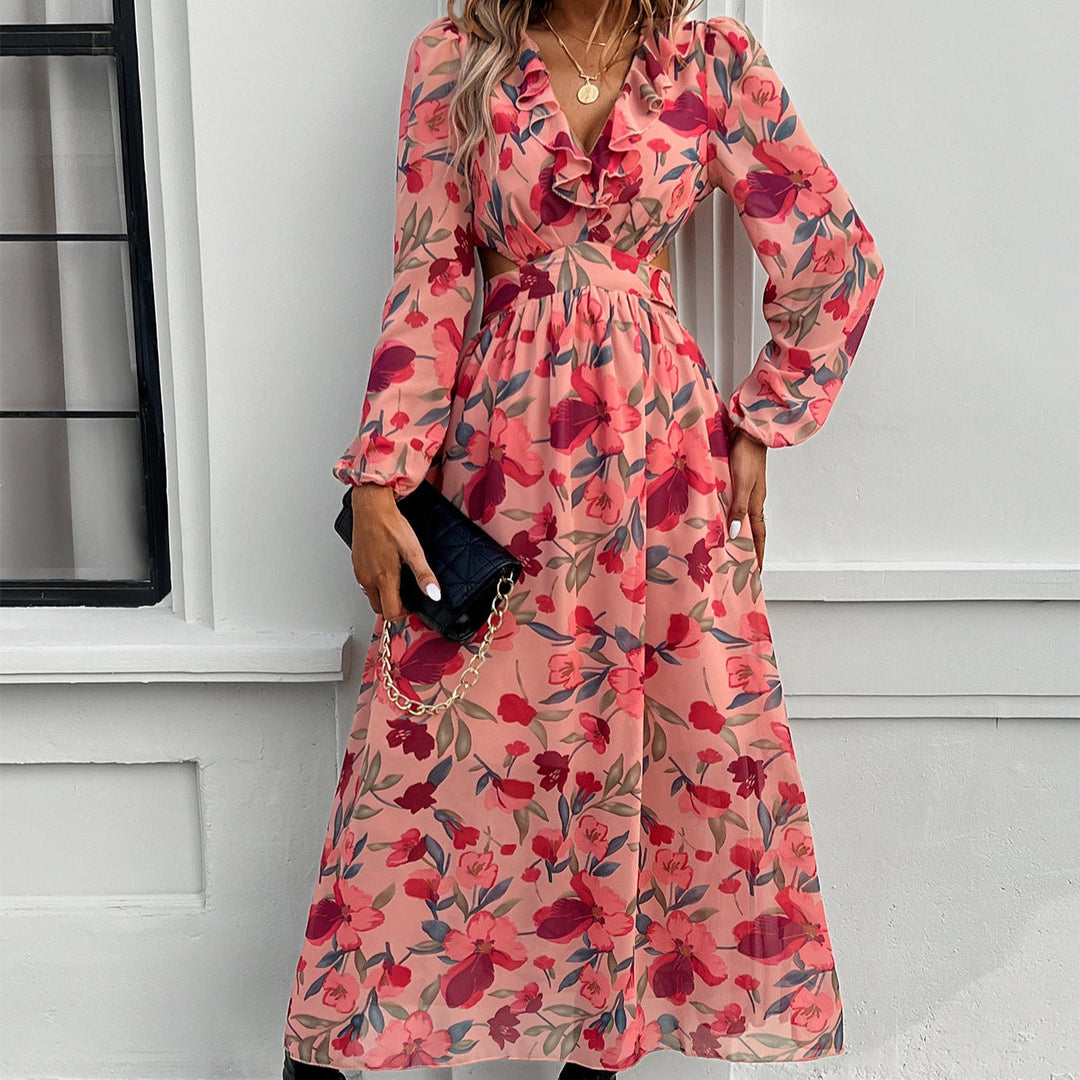 Mia | Elegant Långärmad Klänning med Blommönster för Fest 4
