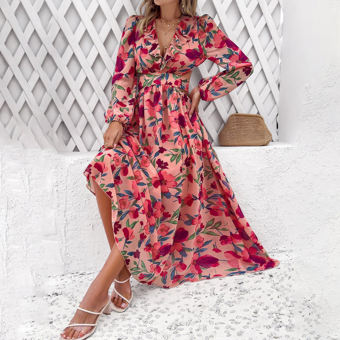 Mia | Elegant Långärmad Klänning med Blommönster för Fest 5
