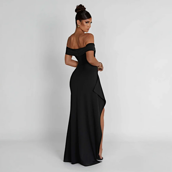 Mia | Elegant Svart Maxiklänning Dam med Off Shoulder och Slits 2